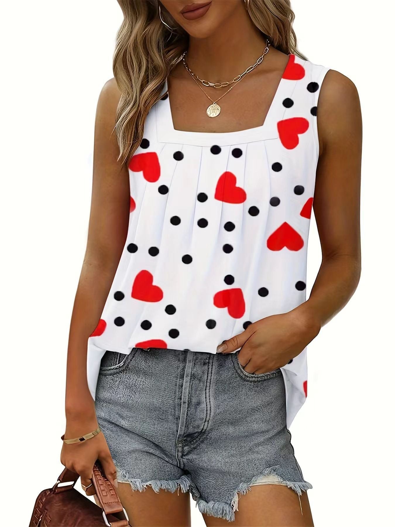 Pleated Square Neck Sleeveless Tuxedo Vest T-Shirt