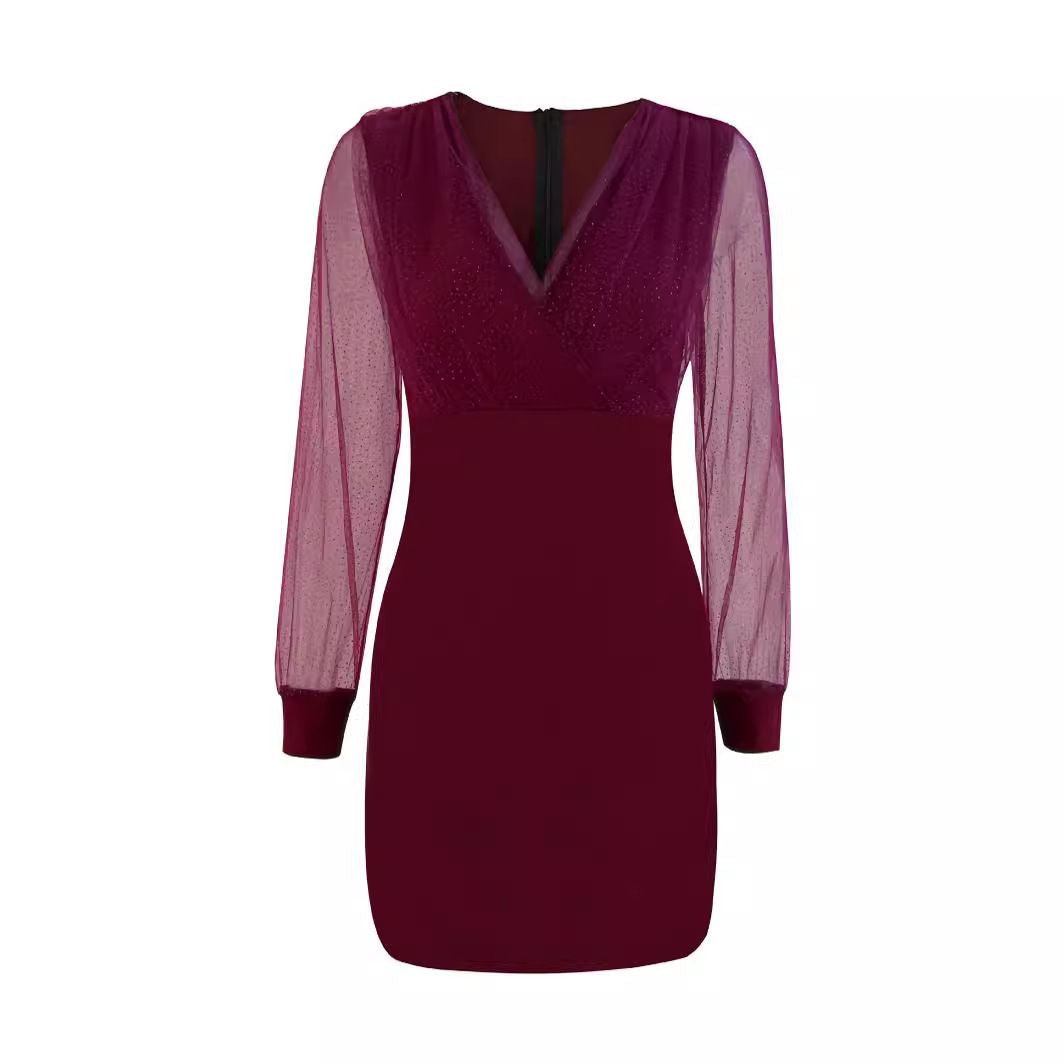 New Mesh Stitching Sexy Vintage Elegant V-Neck Party Club Dress Dress