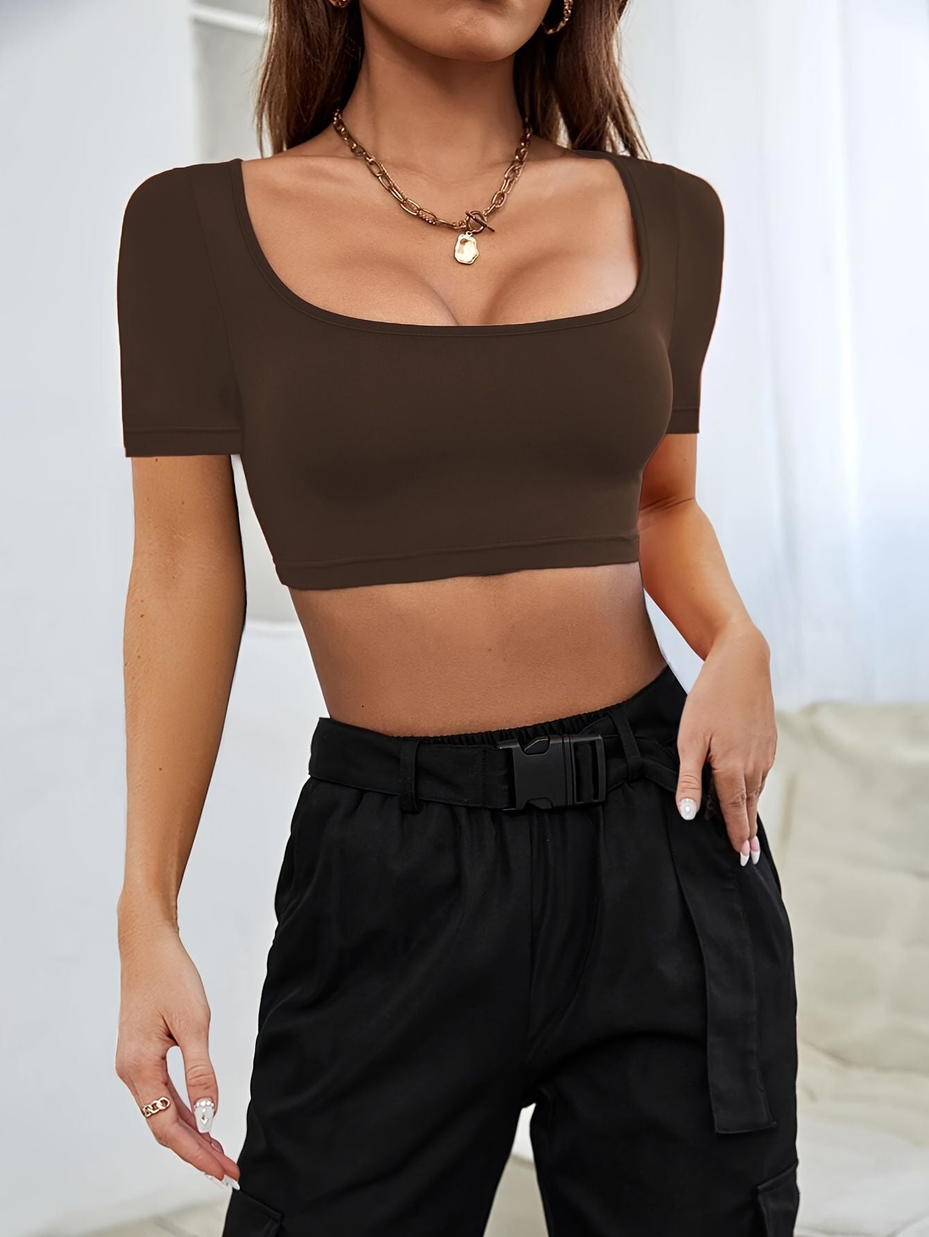 Truncated Knitted High Stretch Short Sleeve T-Shirt Top