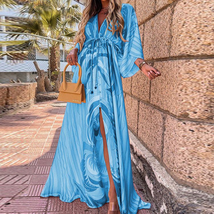 V-Neck Lace-Up Single-Breasted Beach Dress Women'S
