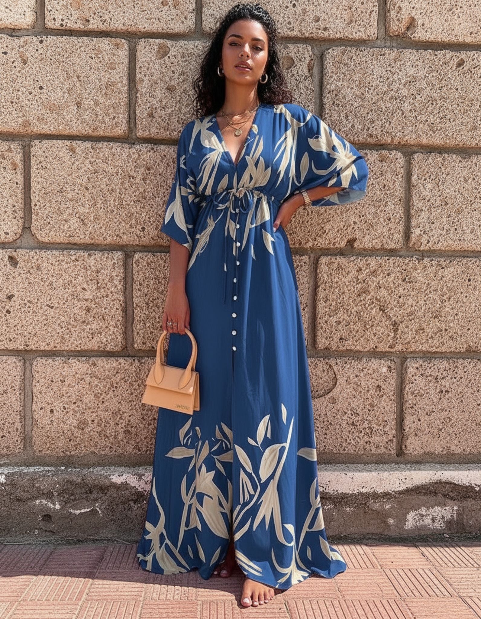 V-Neck Lace-Up Single-Breasted Beach Dress Women'S