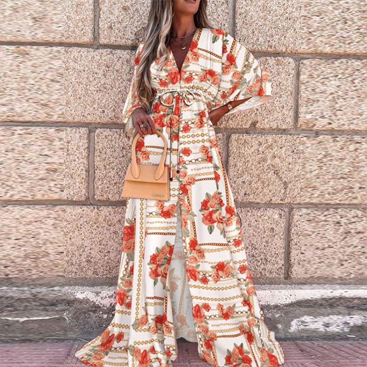 V-Neck Lace-Up Single-Breasted Beach Dress Women'S