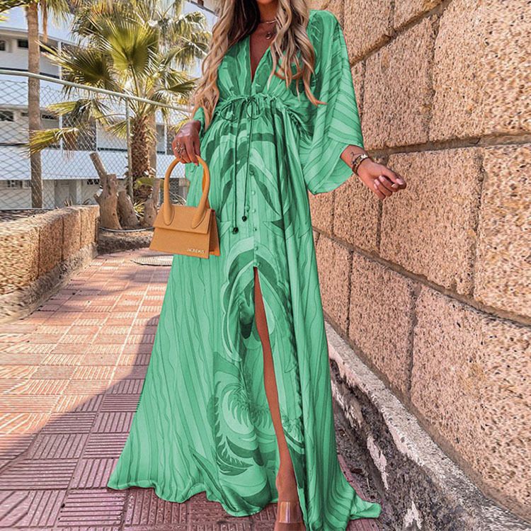 V-Neck Lace-Up Single-Breasted Beach Dress Women'S