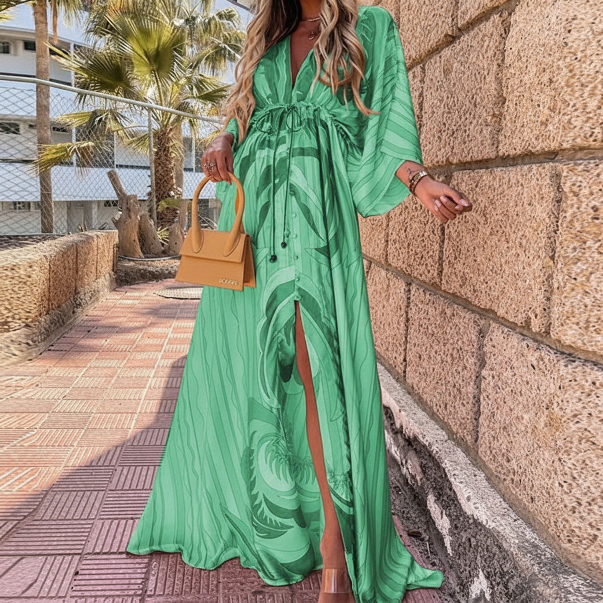 V-Neck Lace-Up Single-Breasted Beach Dress Women'S