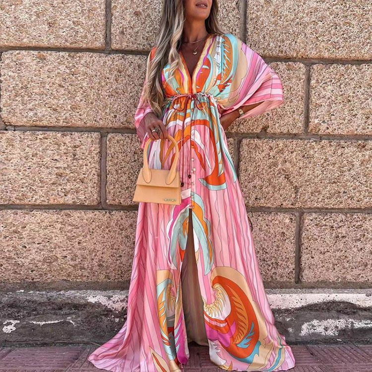 V-Neck Lace-Up Single-Breasted Beach Dress Women'S