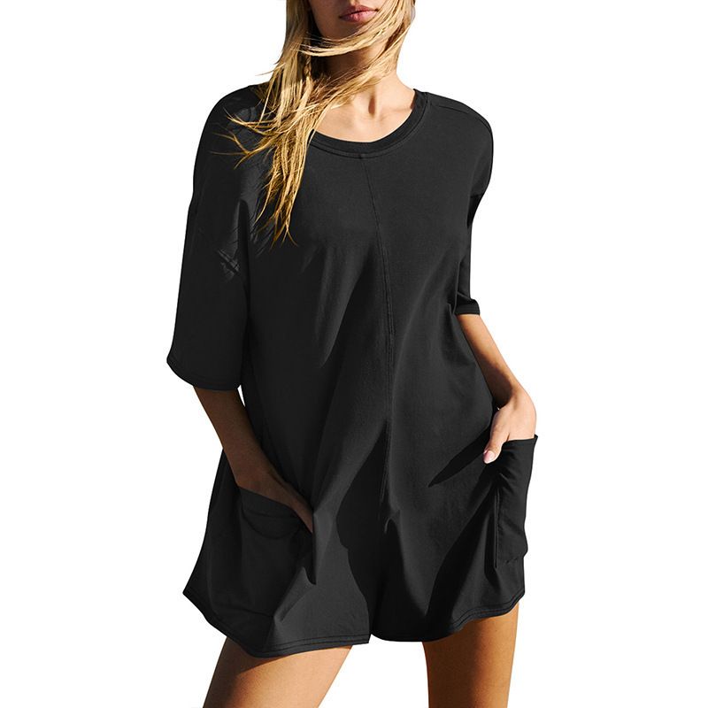 Short Sleeve Open Back V-Neck Loose Casual Pocket Jumpsuit