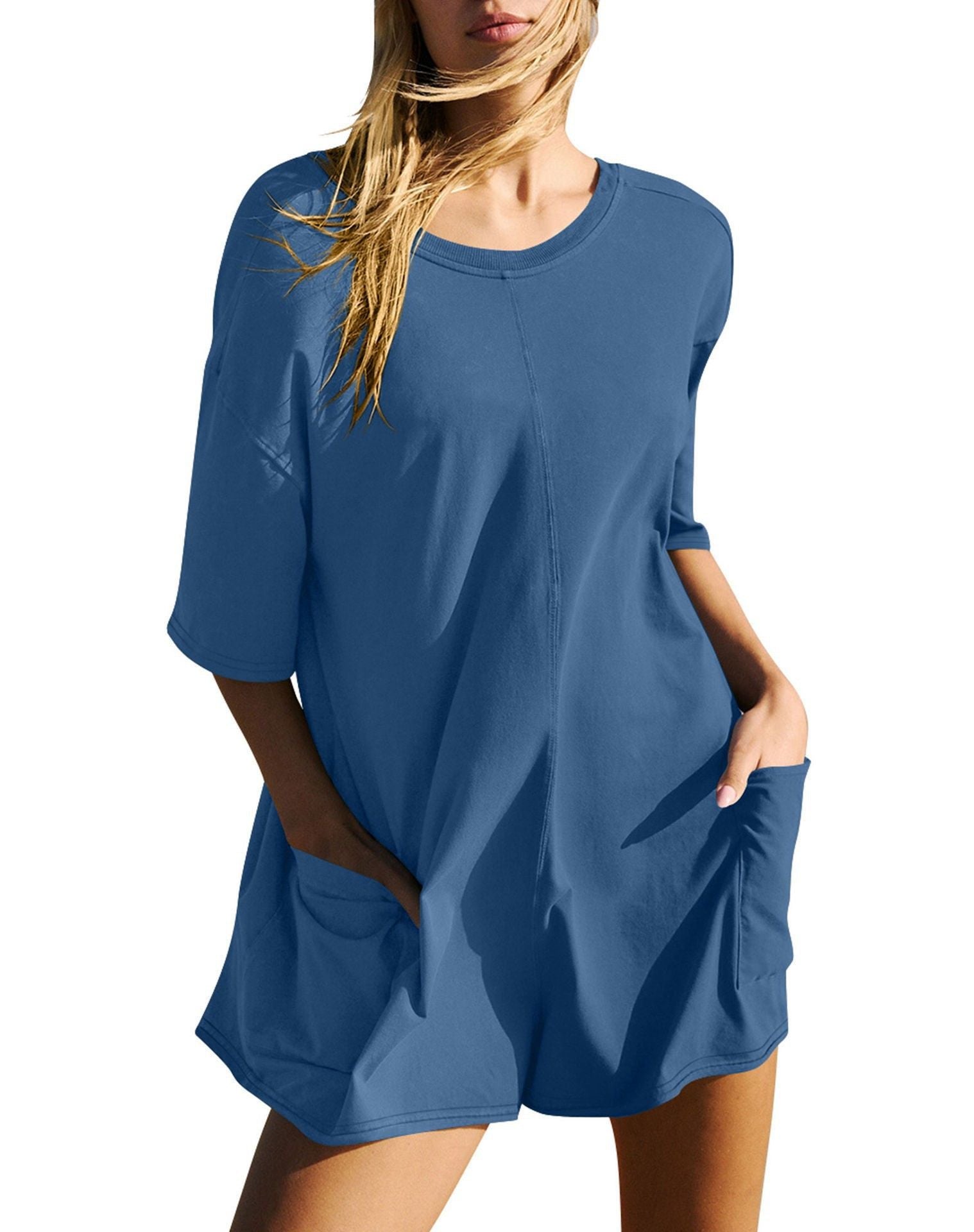 Short Sleeve Open Back V-Neck Loose Casual Pocket Jumpsuit