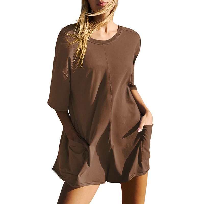 Short Sleeve Open Back V-Neck Loose Casual Pocket Jumpsuit