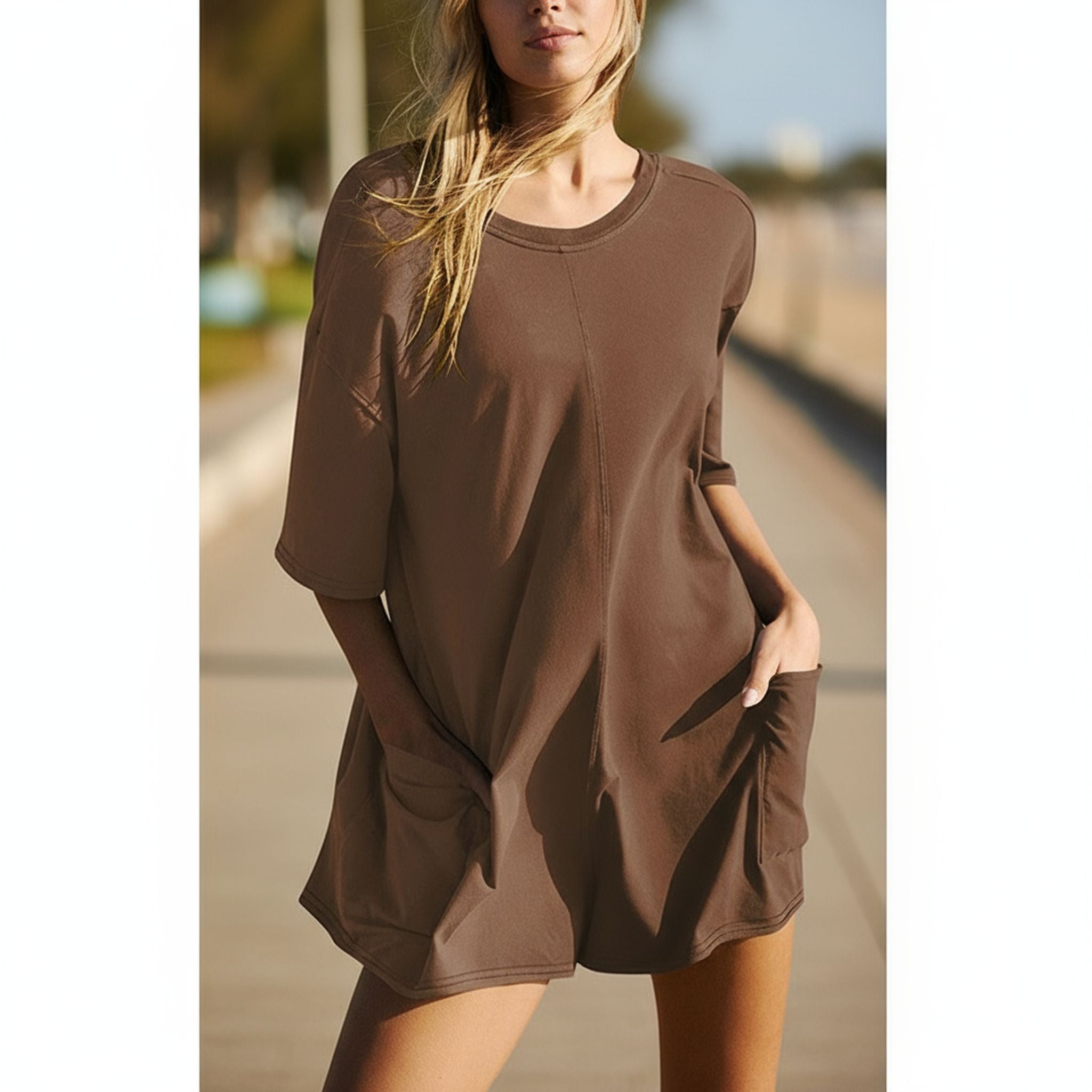 Short Sleeve Open Back V-Neck Loose Casual Pocket Jumpsuit