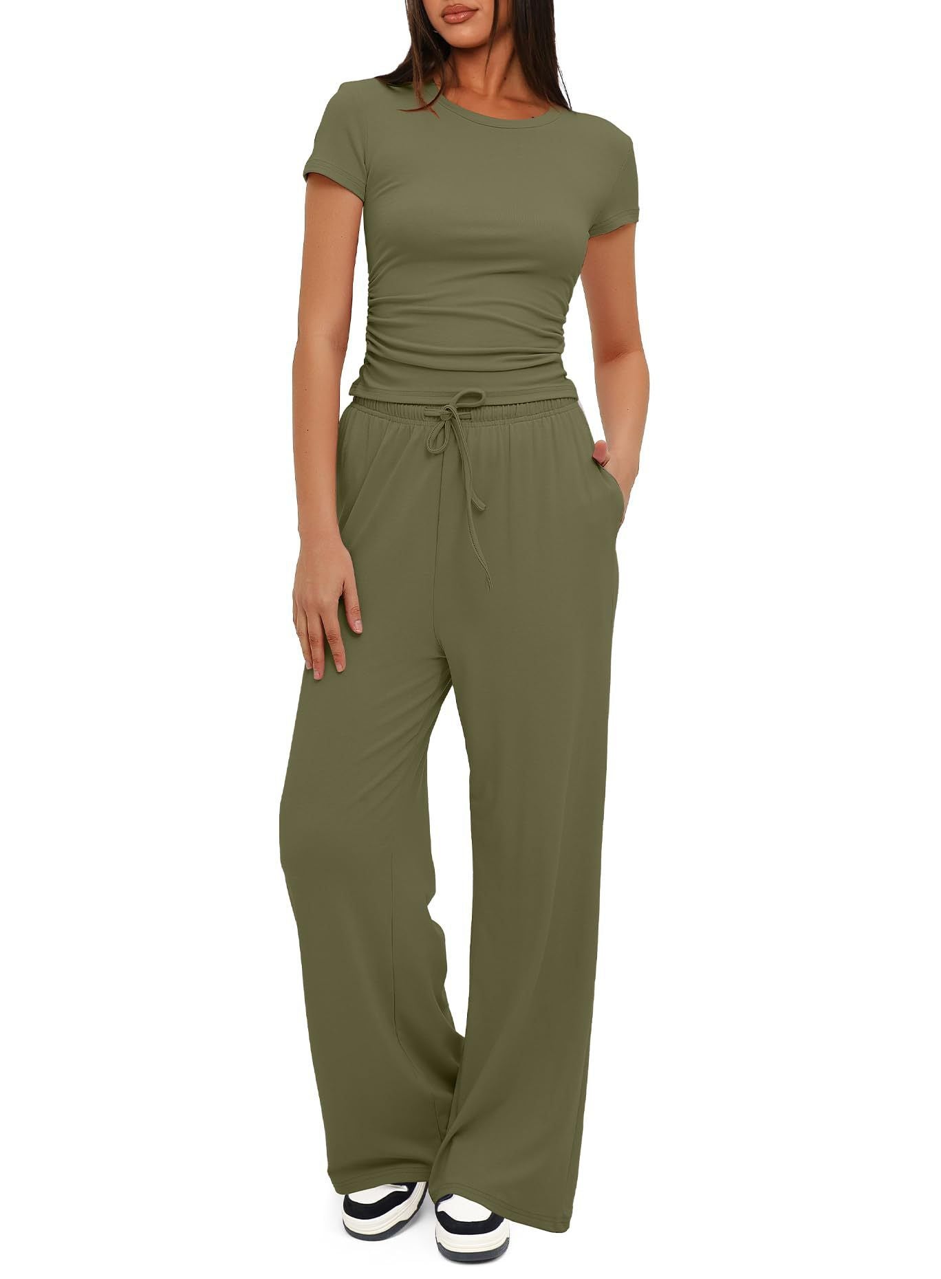 Casual Suit Ruffled Short Sleeve Top High Waist Wide-Leg Pants Sportswear
