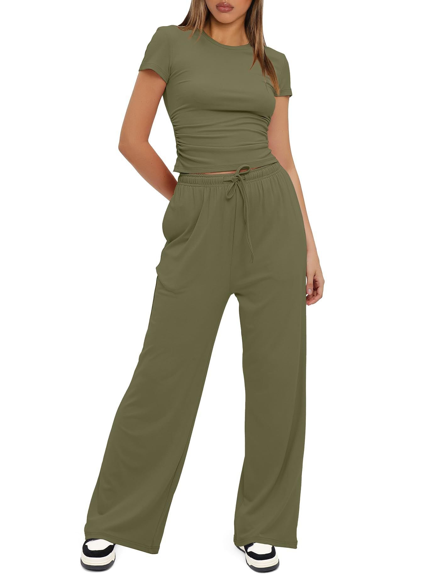 Casual Suit Ruffled Short Sleeve Top High Waist Wide-Leg Pants Sportswear