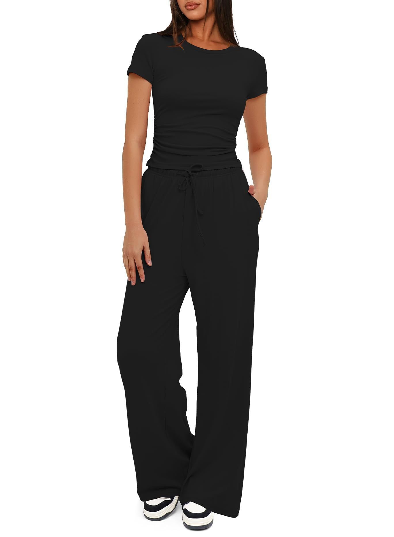 Casual Suit Ruffled Short Sleeve Top High Waist Wide-Leg Pants Sportswear