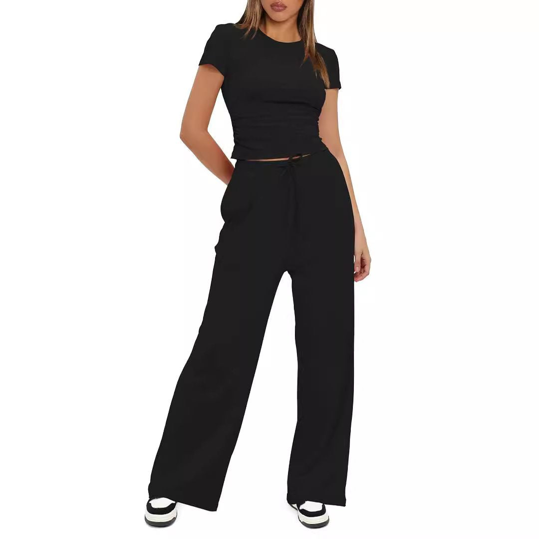 Casual Suit Ruffled Short Sleeve Top High Waist Wide-Leg Pants Sportswear