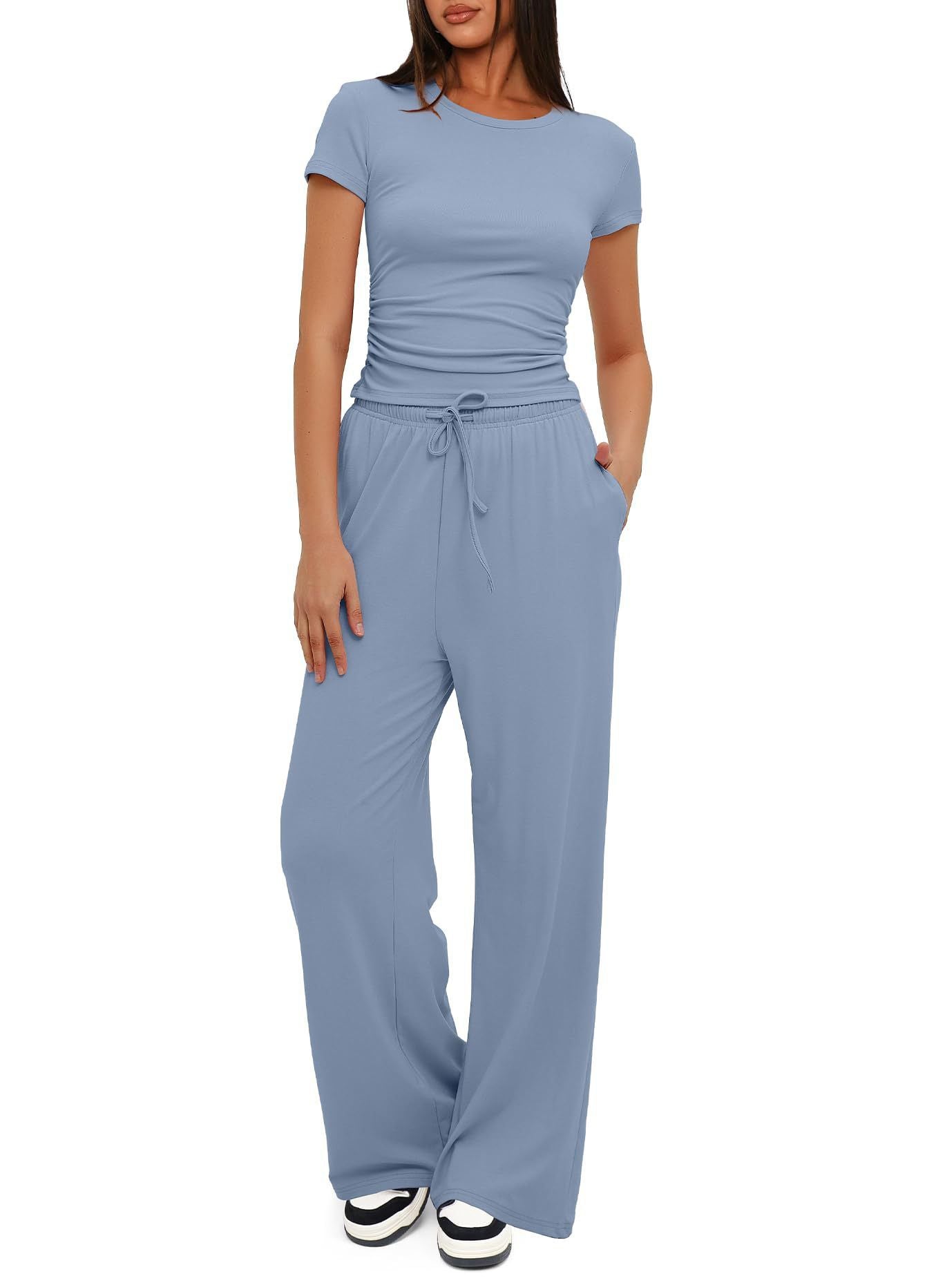 Casual Suit Ruffled Short Sleeve Top High Waist Wide-Leg Pants Sportswear