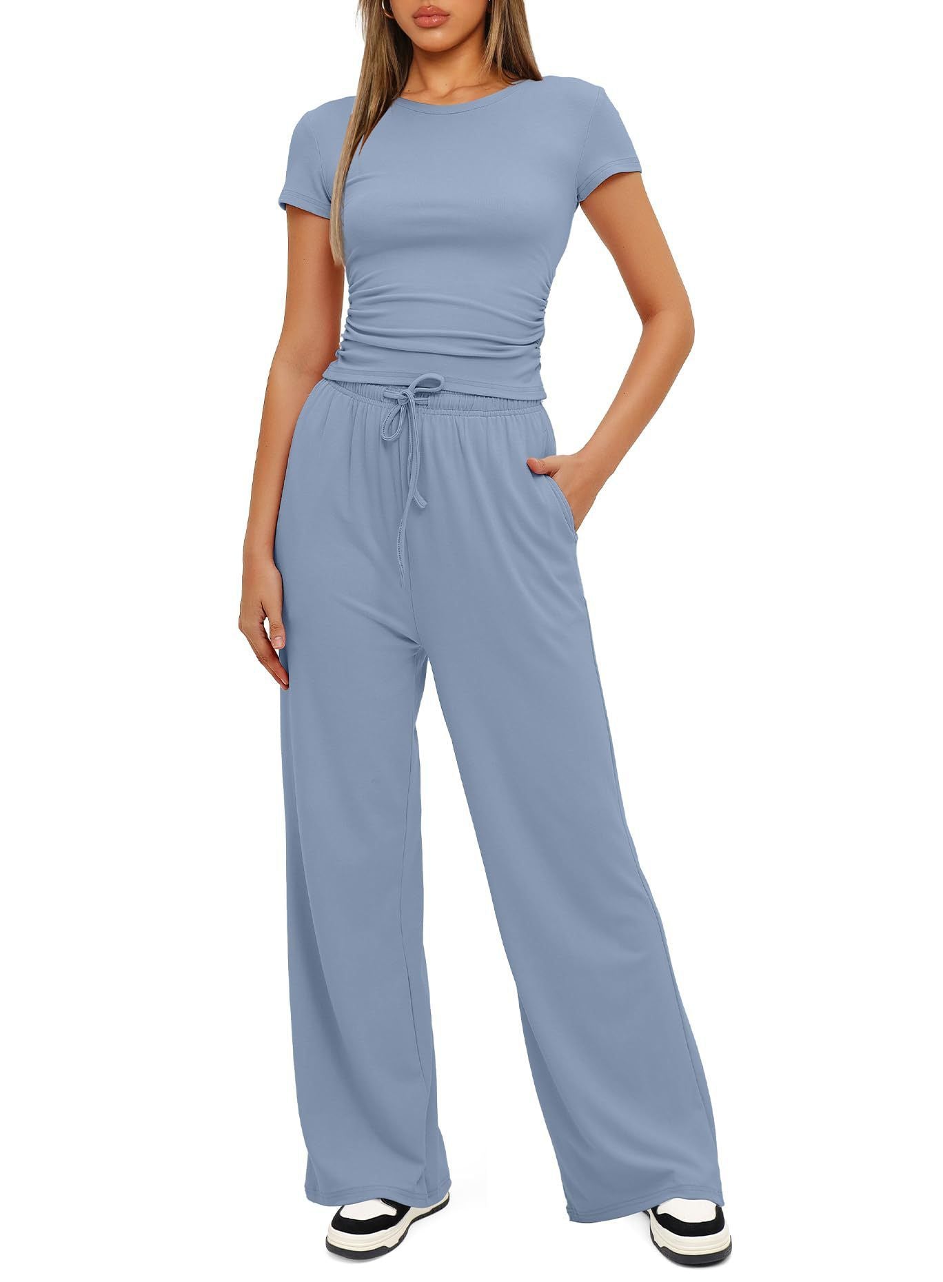 Casual Suit Ruffled Short Sleeve Top High Waist Wide-Leg Pants Sportswear