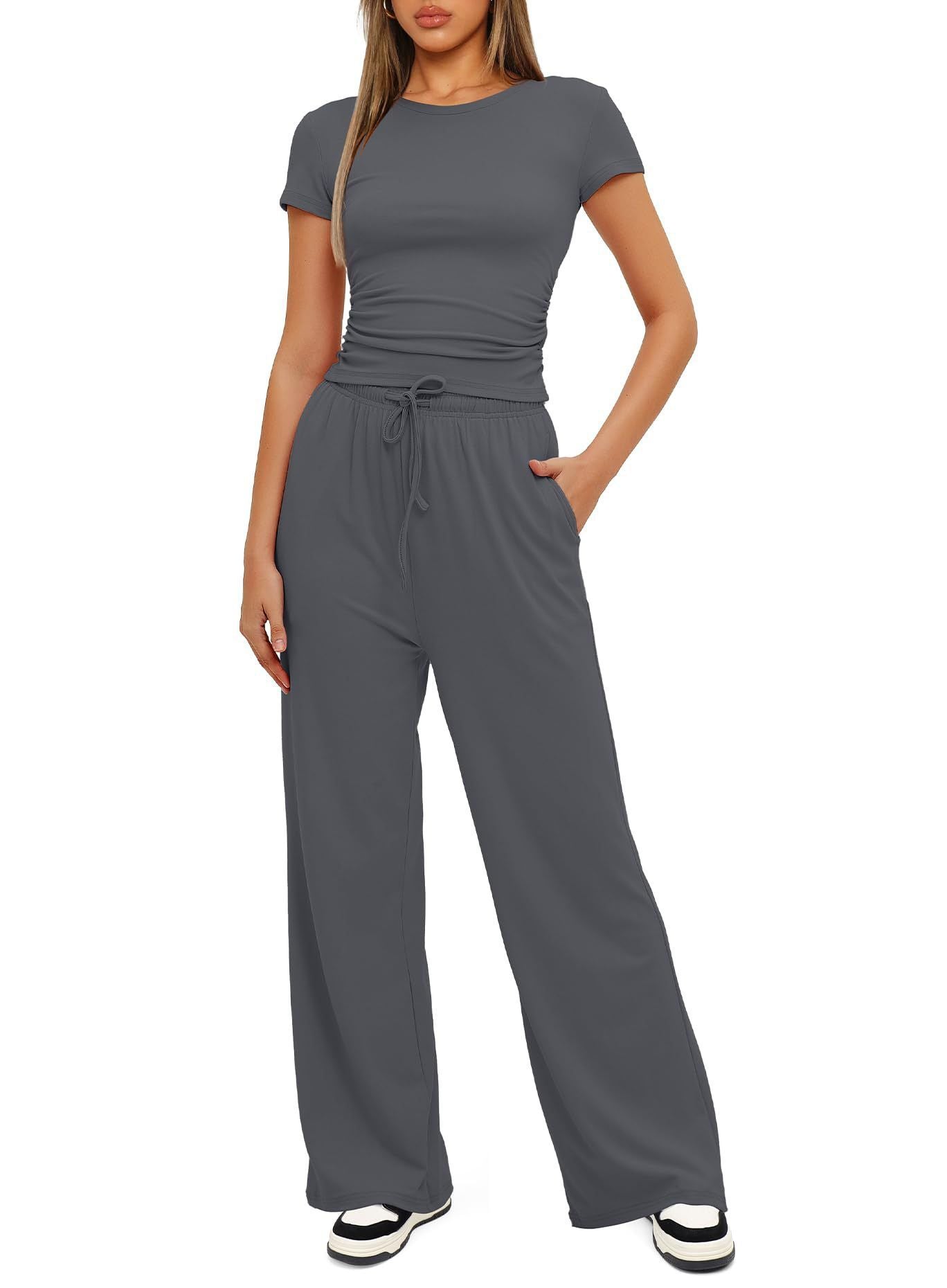 Casual Suit Ruffled Short Sleeve Top High Waist Wide-Leg Pants Sportswear