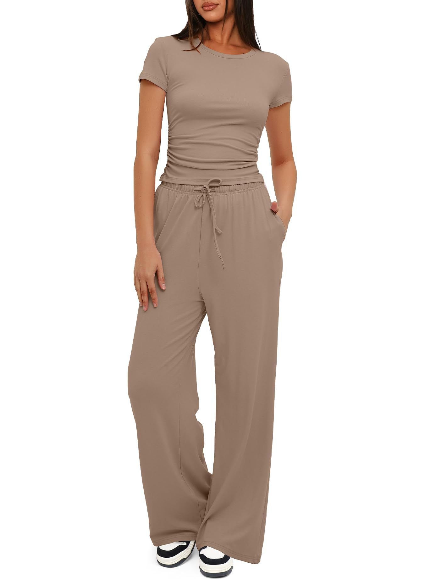 Casual Suit Ruffled Short Sleeve Top High Waist Wide-Leg Pants Sportswear