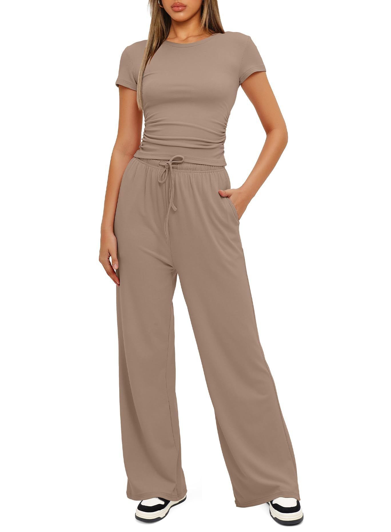 Casual Suit Ruffled Short Sleeve Top High Waist Wide-Leg Pants Sportswear