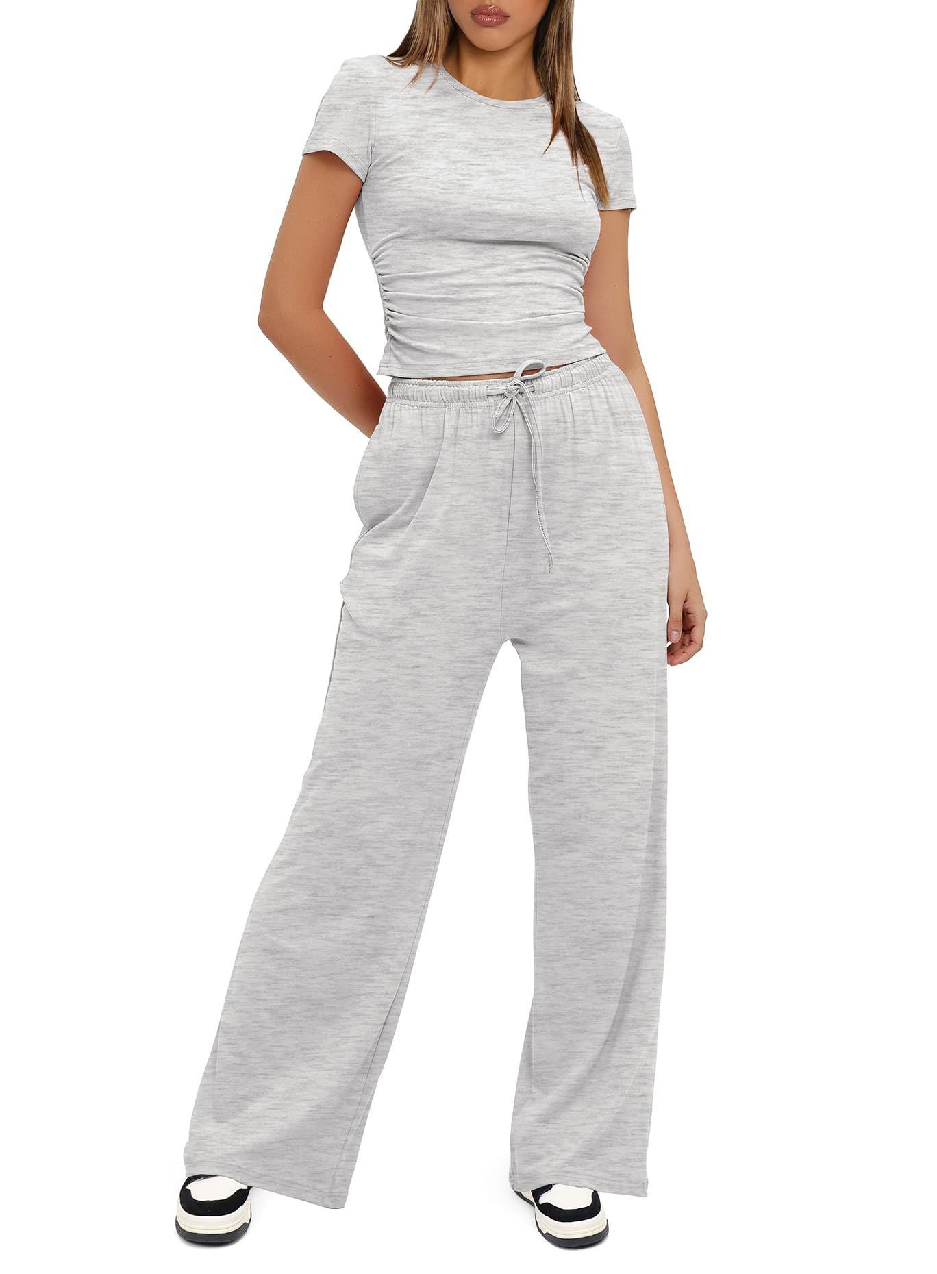 Casual Suit Ruffled Short Sleeve Top High Waist Wide-Leg Pants Sportswear