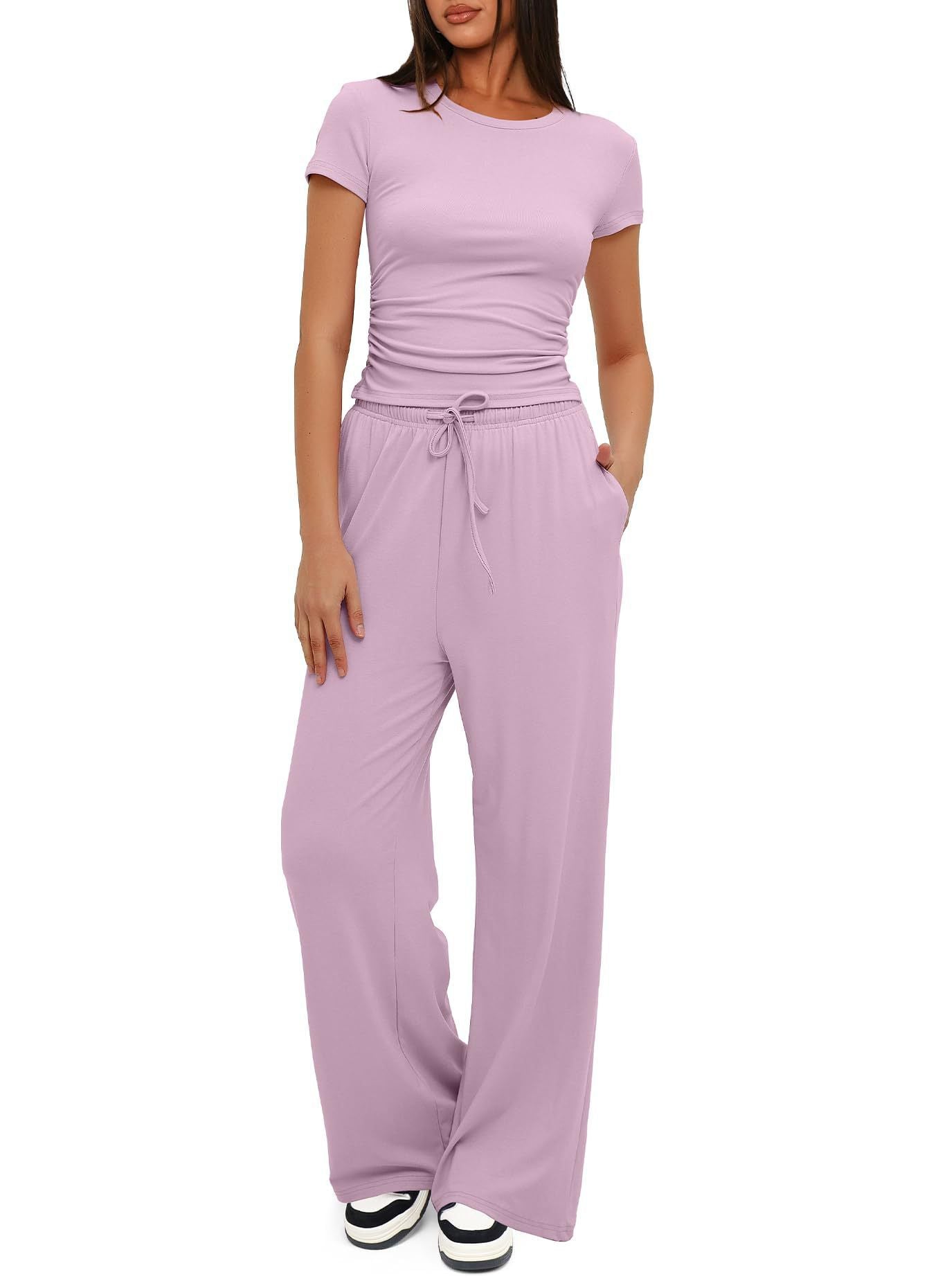 Casual Suit Ruffled Short Sleeve Top High Waist Wide-Leg Pants Sportswear
