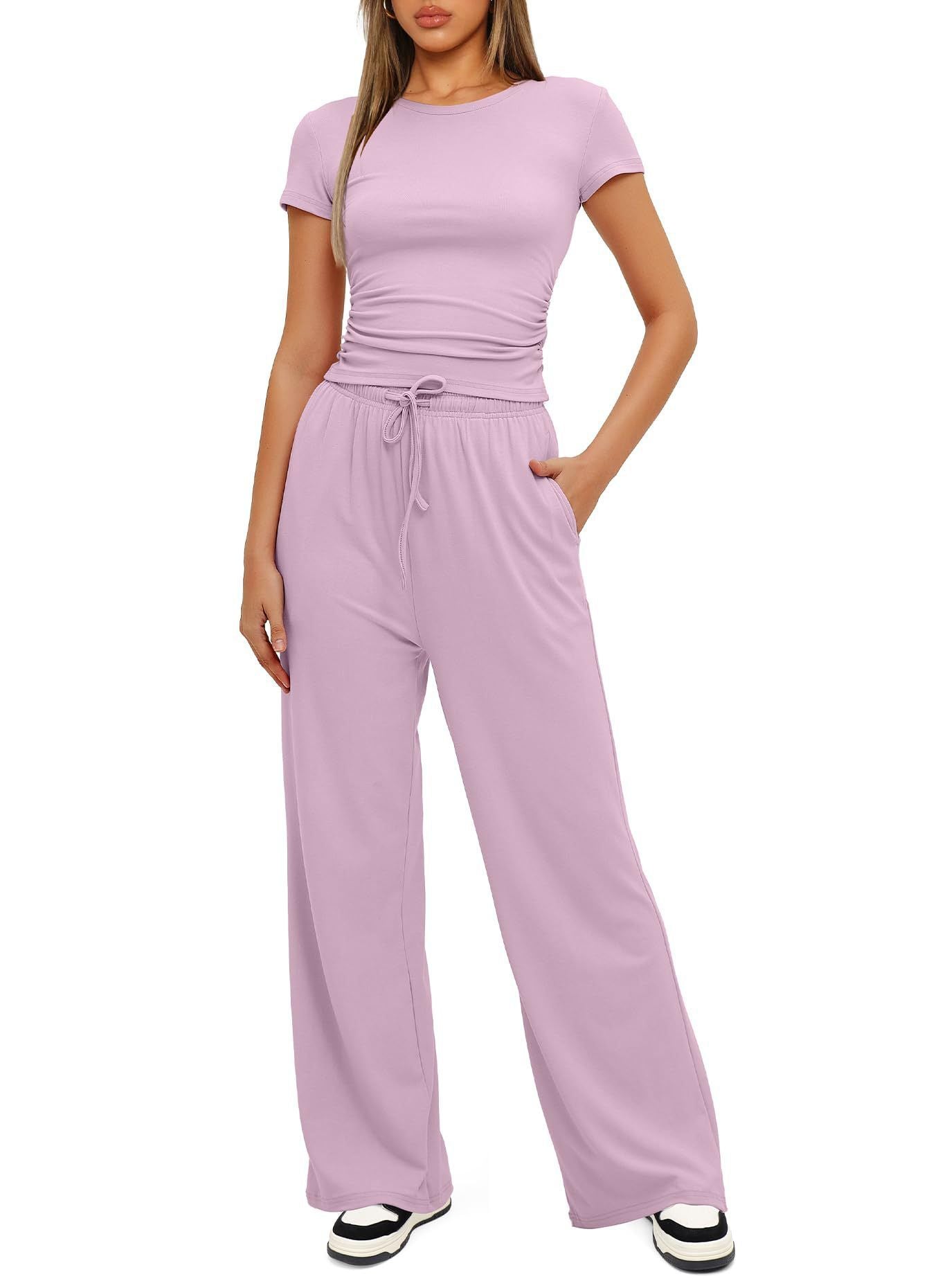 Casual Suit Ruffled Short Sleeve Top High Waist Wide-Leg Pants Sportswear