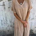 Loose Casual Fashion Cotton And Linen V-Neck Cotton And Linen Short Sleeve Dress