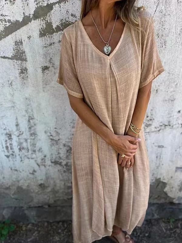 Loose Casual Fashion Cotton And Linen V-Neck Cotton And Linen Short Sleeve Dress