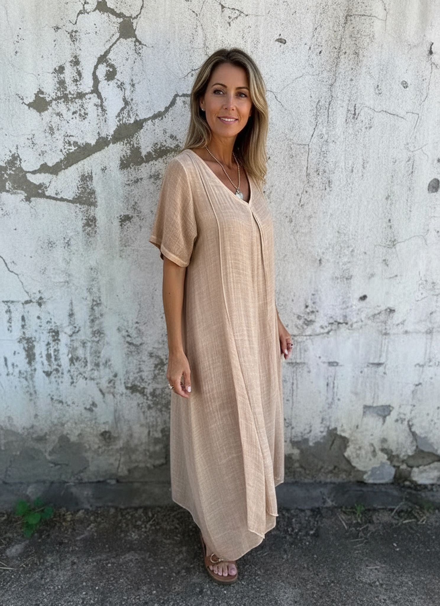 Loose Casual Fashion Cotton And Linen V-Neck Cotton And Linen Short Sleeve Dress