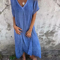 Loose Casual Fashion Cotton And Linen V-Neck Cotton And Linen Short Sleeve Dress