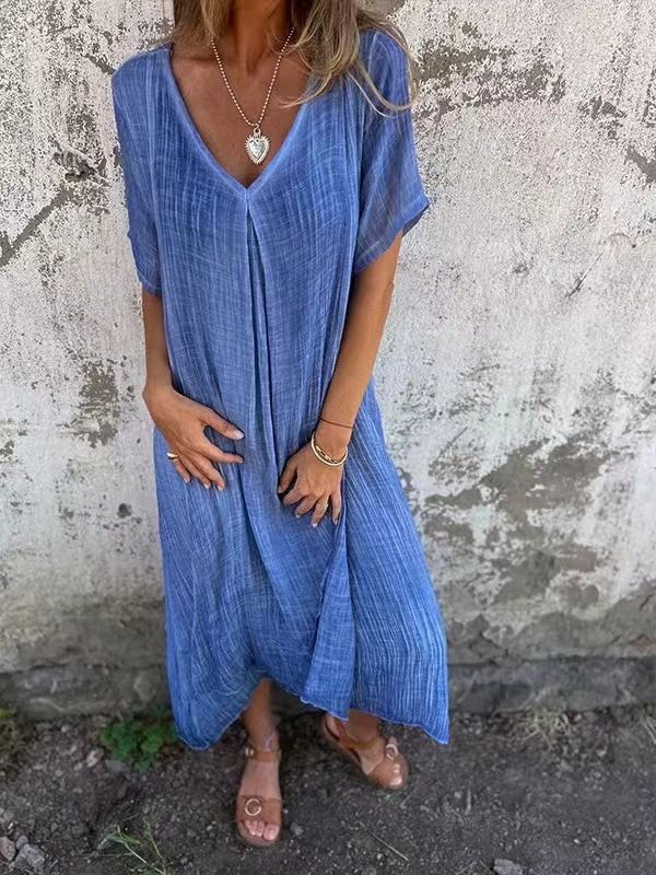Loose Casual Fashion Cotton And Linen V-Neck Cotton And Linen Short Sleeve Dress
