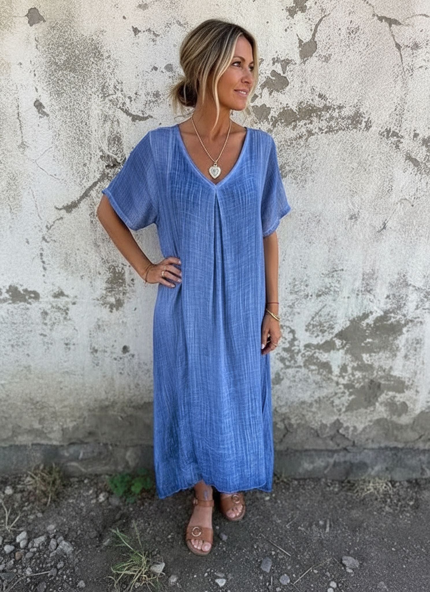 Loose Casual Fashion Cotton And Linen V-Neck Cotton And Linen Short Sleeve Dress