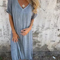 Loose Casual Fashion Cotton And Linen V-Neck Cotton And Linen Short Sleeve Dress