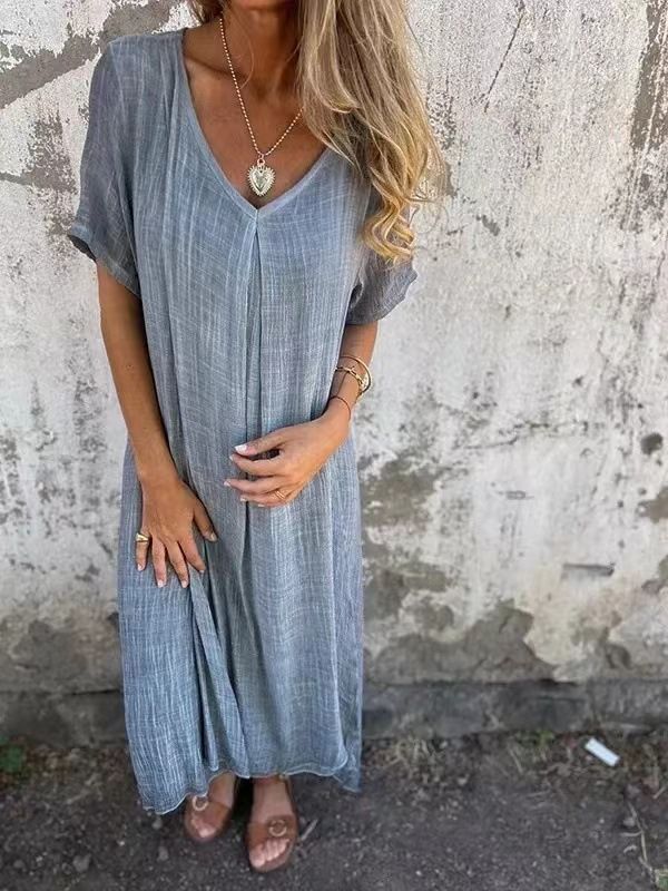 Loose Casual Fashion Cotton And Linen V-Neck Cotton And Linen Short Sleeve Dress