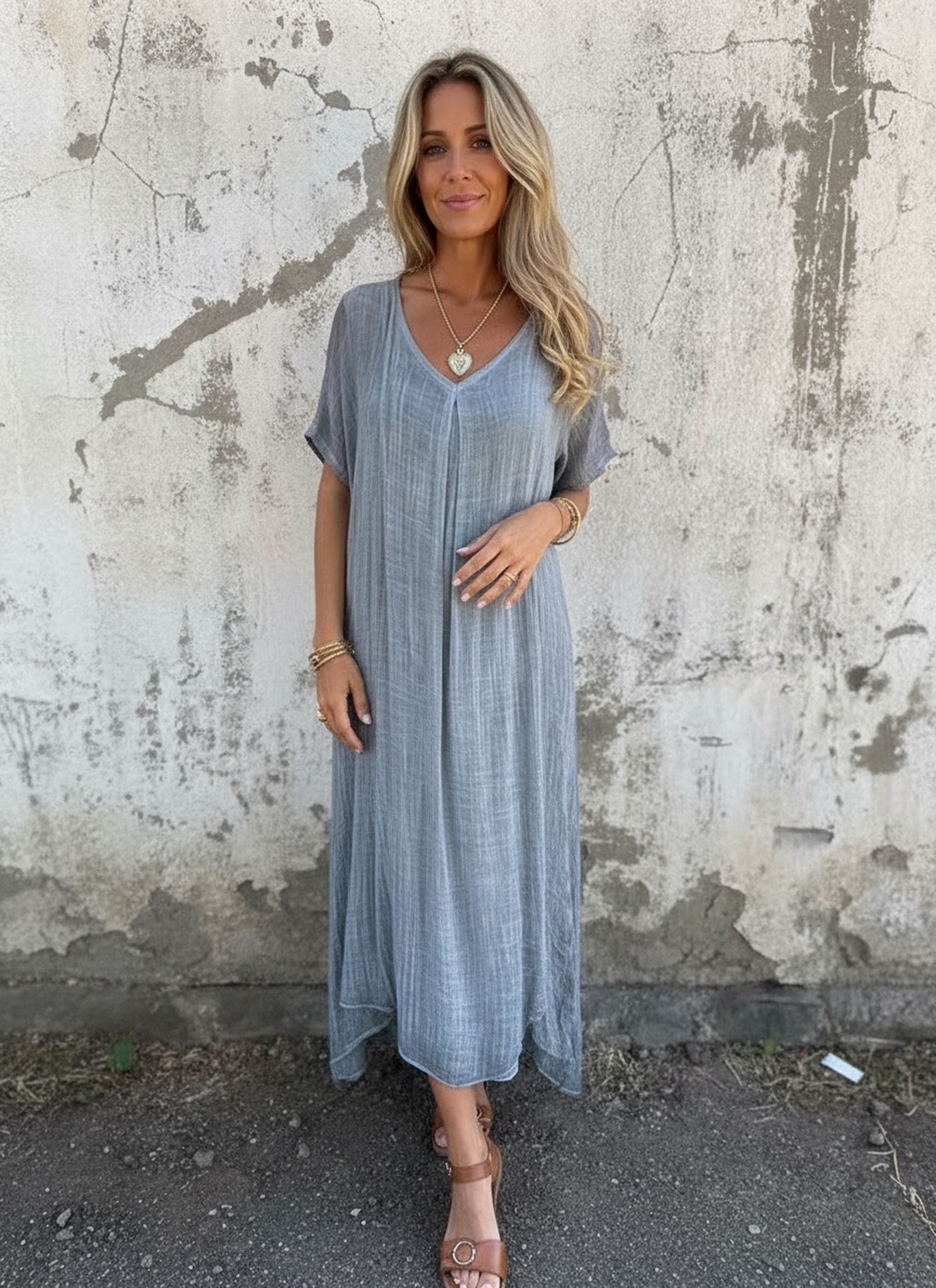Loose Casual Fashion Cotton And Linen V-Neck Cotton And Linen Short Sleeve Dress