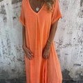 Loose Casual Fashion Cotton And Linen V-Neck Cotton And Linen Short Sleeve Dress