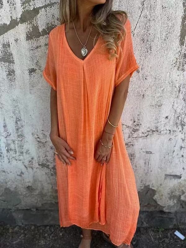 Loose Casual Fashion Cotton And Linen V-Neck Cotton And Linen Short Sleeve Dress