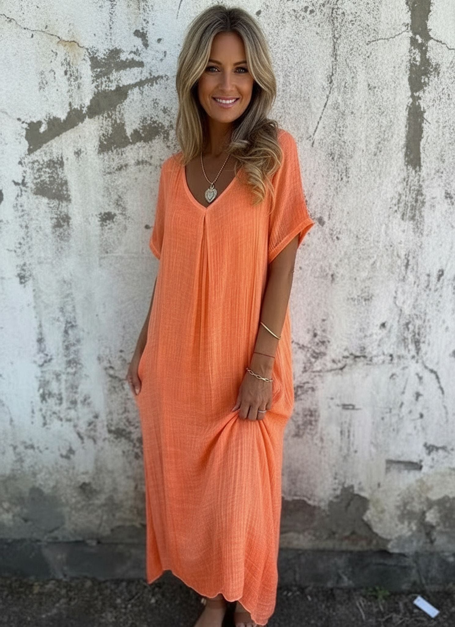 Loose Casual Fashion Cotton And Linen V-Neck Cotton And Linen Short Sleeve Dress
