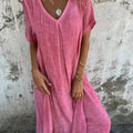 Loose Casual Fashion Cotton And Linen V-Neck Cotton And Linen Short Sleeve Dress