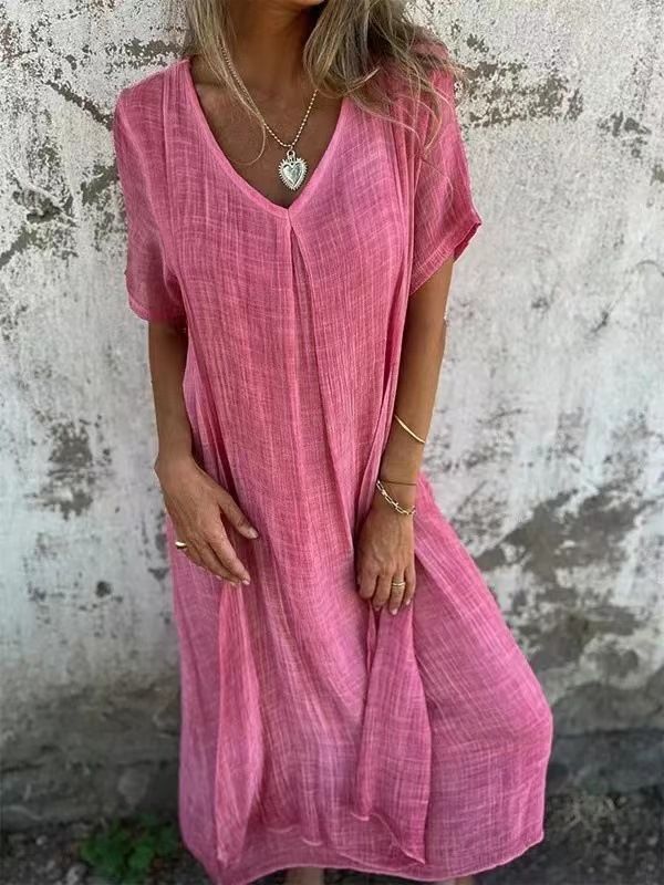 Loose Casual Fashion Cotton And Linen V-Neck Cotton And Linen Short Sleeve Dress