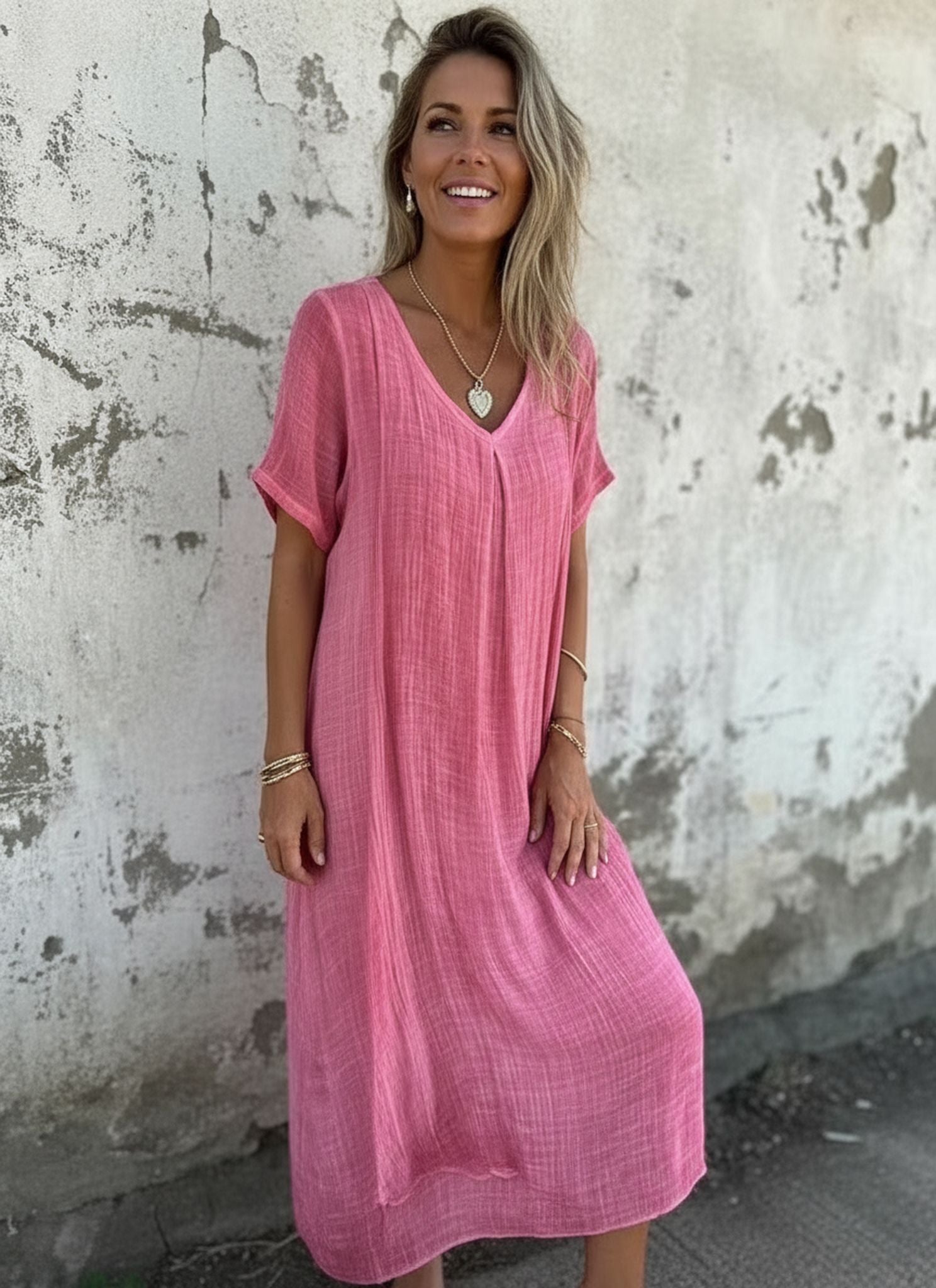 Loose Casual Fashion Cotton And Linen V-Neck Cotton And Linen Short Sleeve Dress