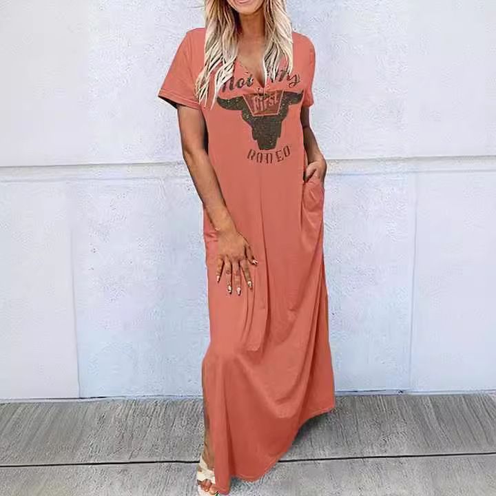 Short Sleeve Crew Neck Vintage Bull Head Letter Color Print Dress