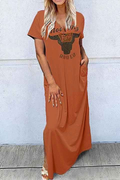 Short Sleeve Crew Neck Vintage Bull Head Letter Color Print Dress