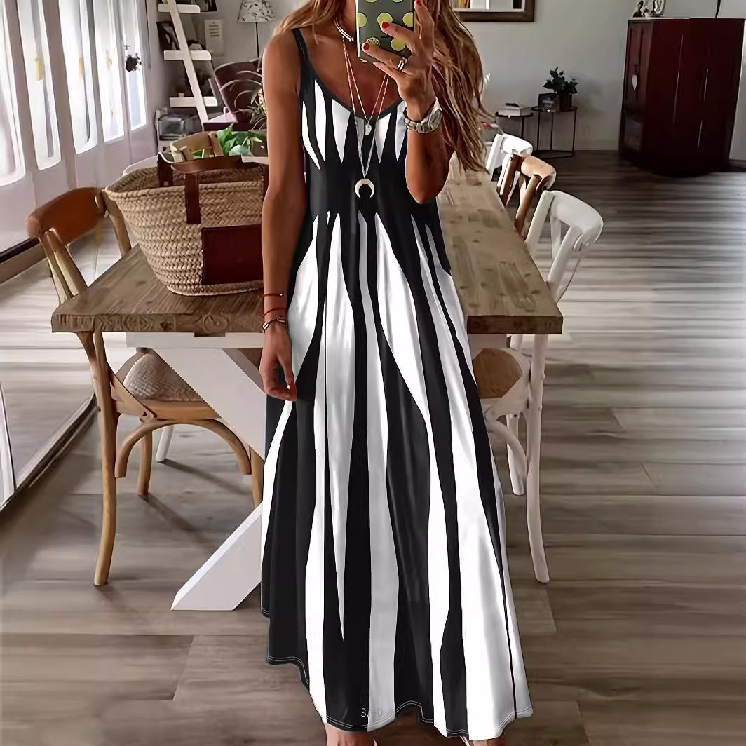 Casual Slip Geometric Pattern V-Neck Long Skirt