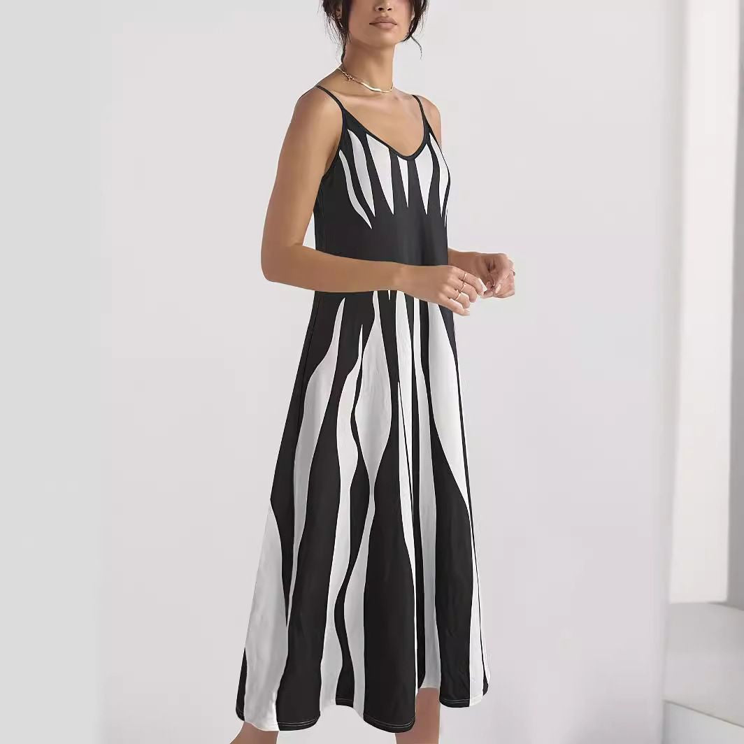 Casual Slip Geometric Pattern V-Neck Long Skirt
