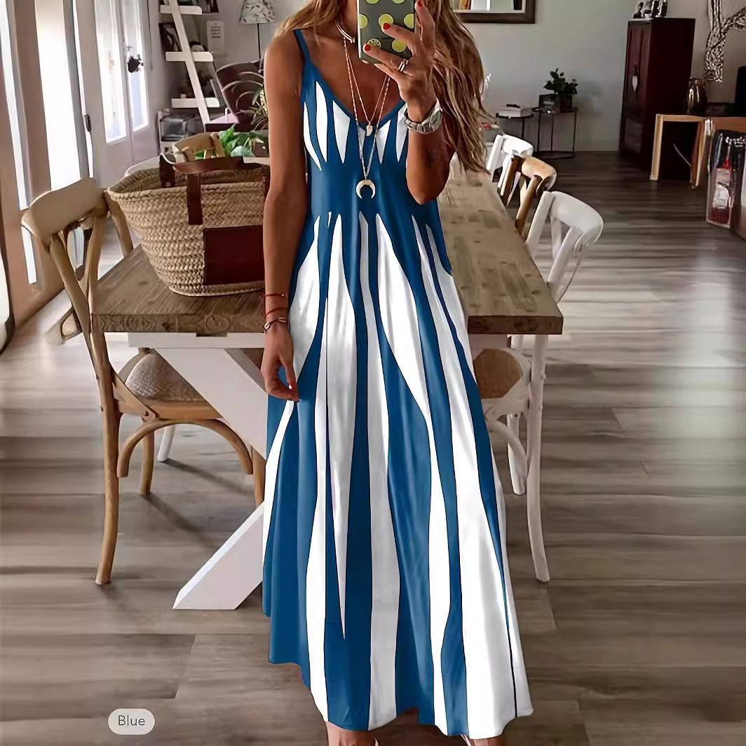 Casual Slip Geometric Pattern V-Neck Long Skirt