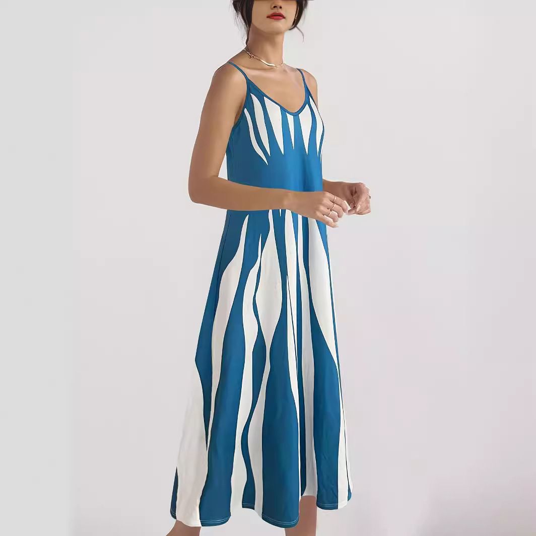 Casual Slip Geometric Pattern V-Neck Long Skirt