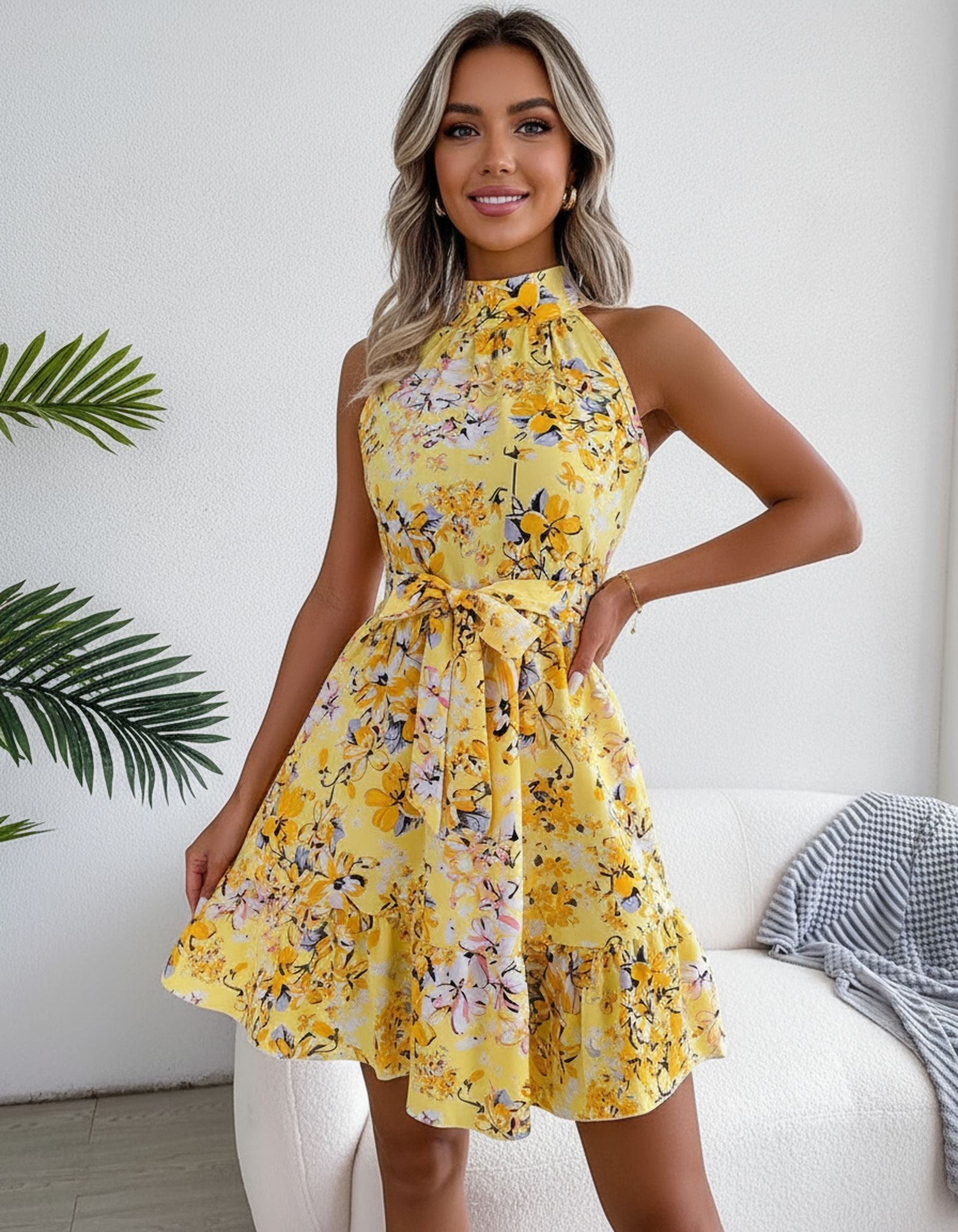 New Summer Sleeveless Floral Halterneck Waist Dress For Women