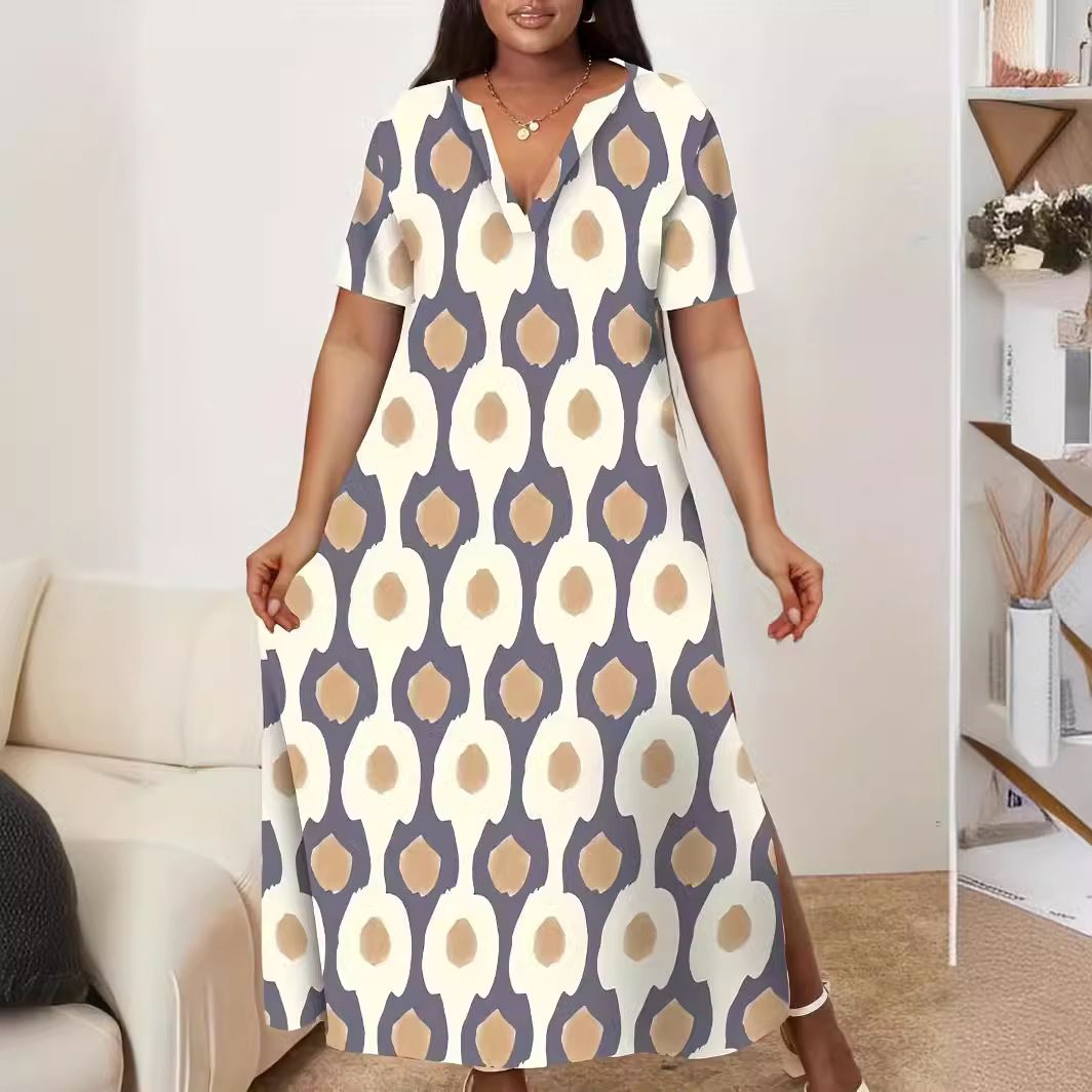 Short-Sleeved Printed V-Neck Long Dress