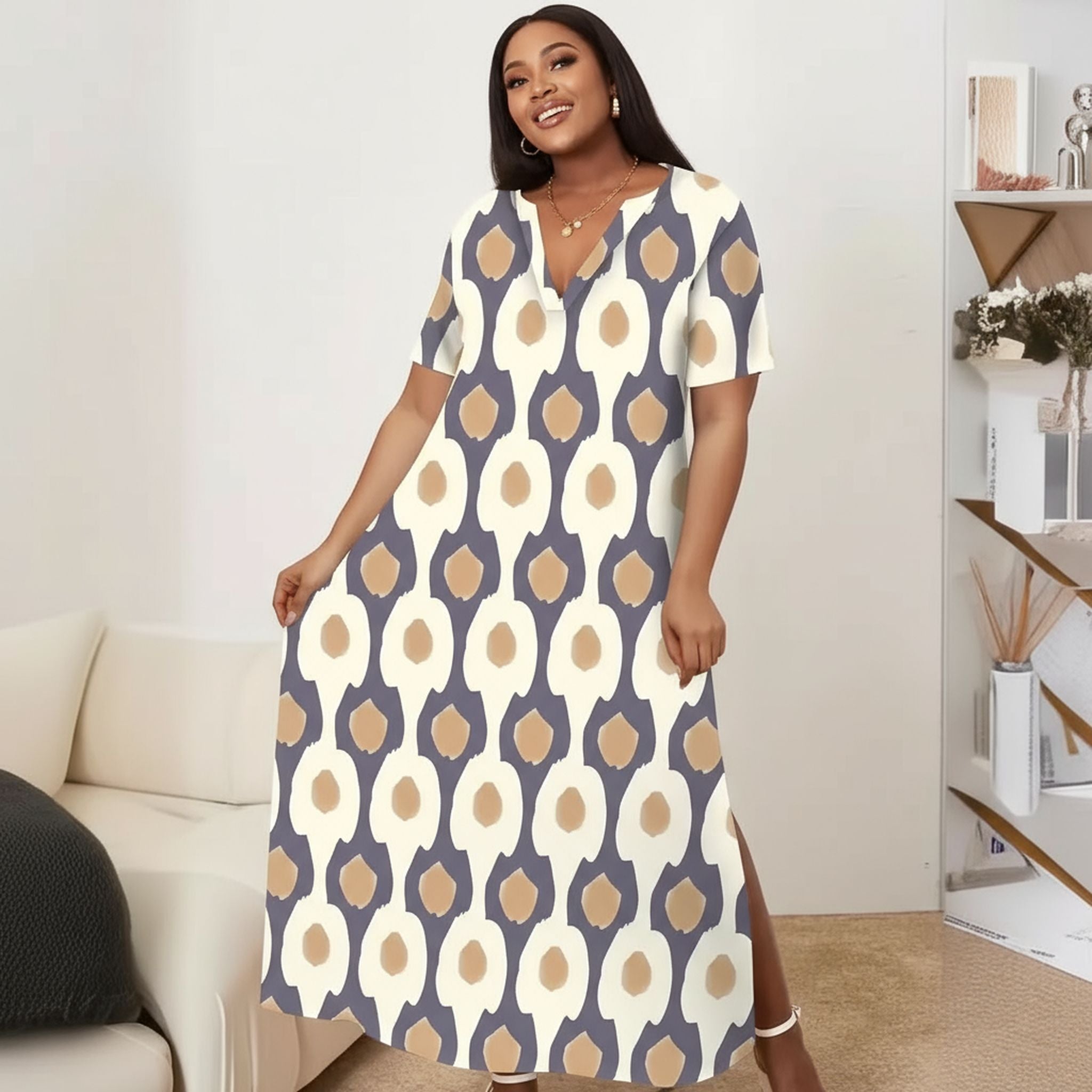 Short-Sleeved Printed V-Neck Long Dress