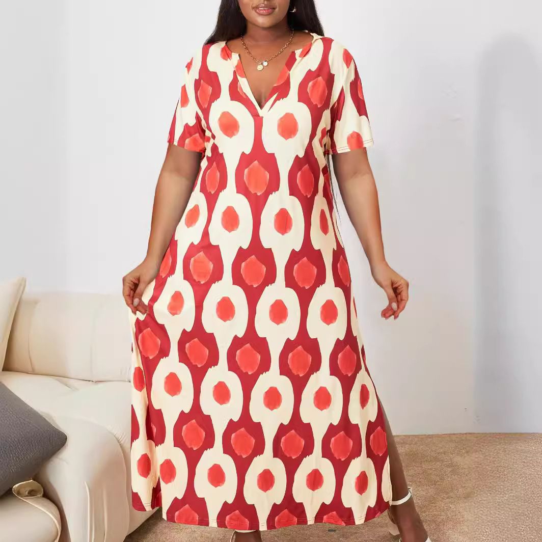 Short-Sleeved Printed V-Neck Long Dress